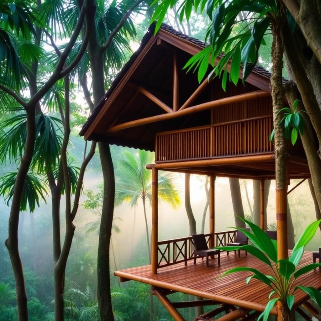 Bamboo treehouse above the jungle canopy